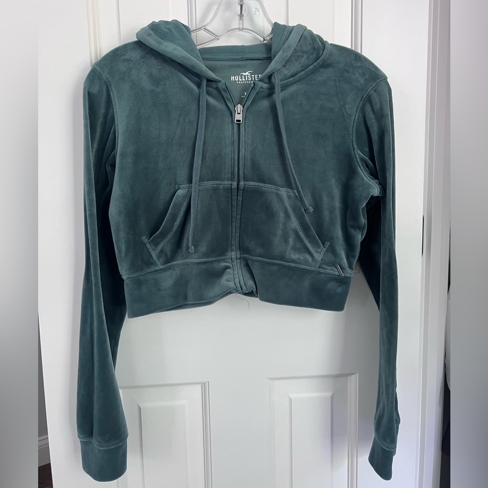 Hollister Green Velour Cropped Zip Hoodie Size XS